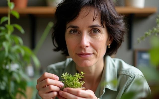 Founder Elara Vance examining a vibrant terrarium