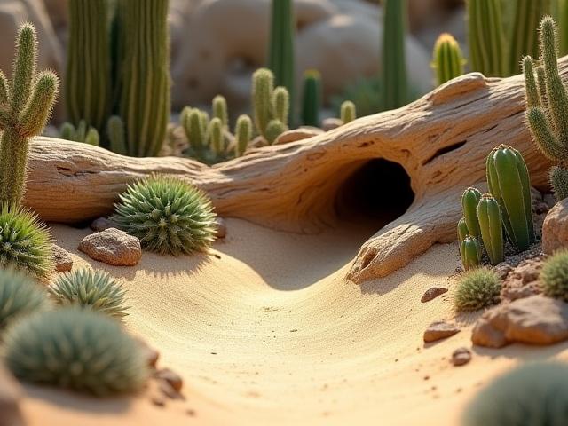 Arid desert terrarium featuring various succulents, a sun-bleached log, and sand dunes
