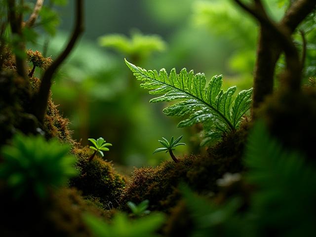 Custom-built terrarium featuring rare ferns and mosses, backlit for dramatic effect