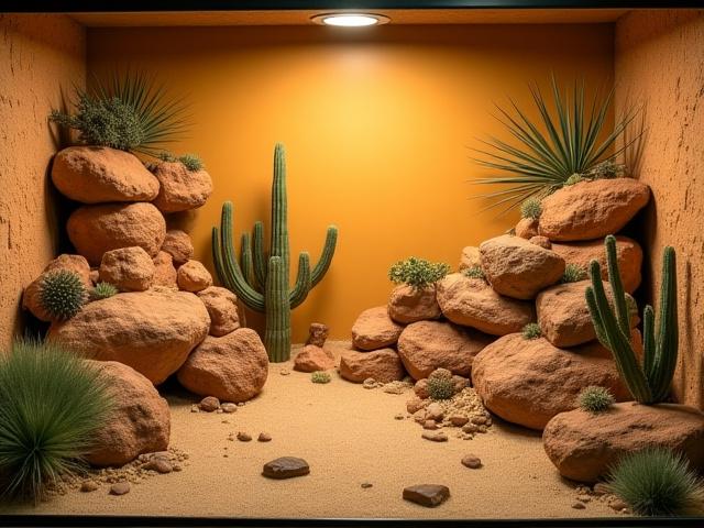 Rocky desert terrarium with hardy succulents and a textured background, ideal for a bearded dragon