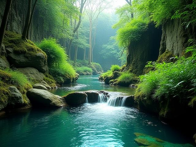 Stunning paludarium with both aquatic and terrestrial sections, flowing water, and lush plants