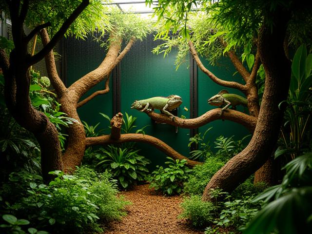 Vibrant, naturalistic reptile enclosure with climbing branches, live plants, and hiding spots for a chameleon