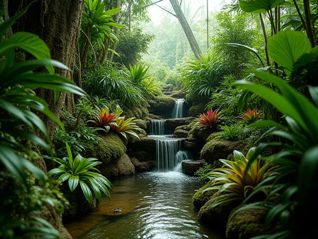 Lush tropical terrarium with various bromeliads and a small waterfall, vibrant green foliage