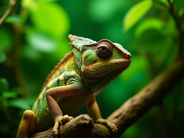 Healthy chameleon in a lush, naturalistic terrarium