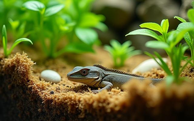 Bioactive reptile enclosure with live plants, diverse substrate, and climbing branches.