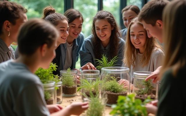 A group of people attending an educational workshop on terrarium building, focused and engaged.