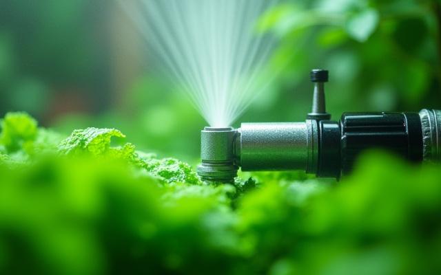 Close-up of automated misting system in a lush terrarium, demonstrating climate control.
