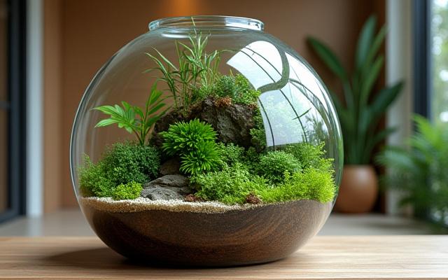 Custom designed terrarium with lush plants and natural elements.
